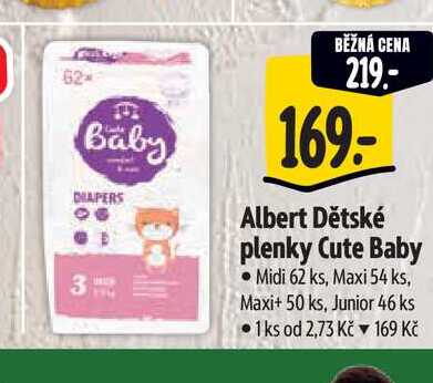 Albert Dětské plenky Cute Baby Midi 62 ks, Maxi 54 ks, Maxi+ 50 ks, Junior 46 ks
