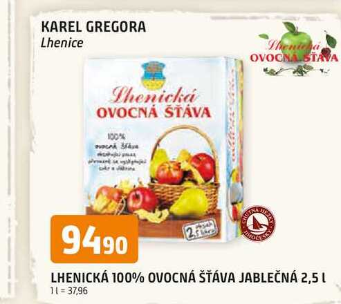 LHENICKÁ 100% OVOCNÁ ŠŤÁVA JABLEČNÁ 2,5 l