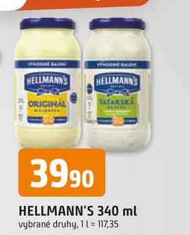 Hellmann's majonéza, tatarská omáčka 340ml, vybrané druhy