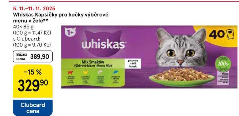 11.-11. 11. 2025 Whiskas Kapsičky pro kočky výběrové menu v želé, 40× 85 g 