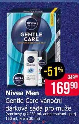 Nivea Men Gentle Care vánoční dárková sada pro muže (sprchový gel 250 ml, antiperspirant sprej 150 ml, krém 30 ml)