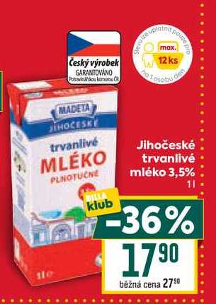 Jihočeské trvanlivé mléko 3,5% 1l v akci