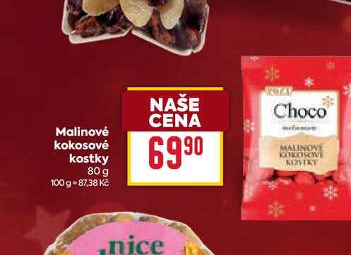 Malinové kokosové kostky 80 g