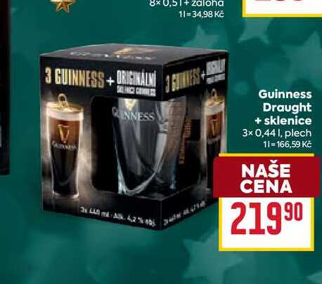 Guinness Draught + sklenice 3× 0,44 I, plech