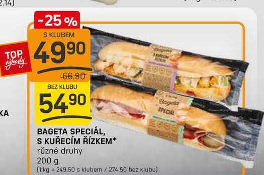 BAGETA SPECIÁL, S KUŘECÍM ŘÍZKEM různé druhy 200 g