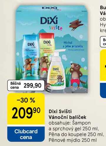 Dixi Svišti Vánoční balíček obsahuje: Šampon a sprchový gel 250 ml. Pěna do koupele 250 ml. Pěnové mýdlo 250 ml 
