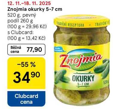 Znojmia okurky 5-7 cm, 520 g. pevný podíl 260 g  