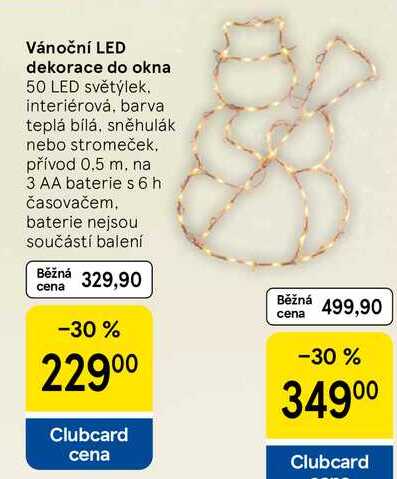 Vánoční LED dekorace do okna, 50 LED světýlek. interiérová, barva teplá bílá, sněhulák nebo stromeček. přívod 0.5 m. na 3 AA baterie s 6 h časovačem. baterie nejsou součástí balení