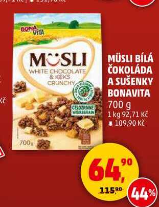 MÜSLI BÍLÁ ČOKOLÁDA A SUŠENKY BONAVITA, 700 g