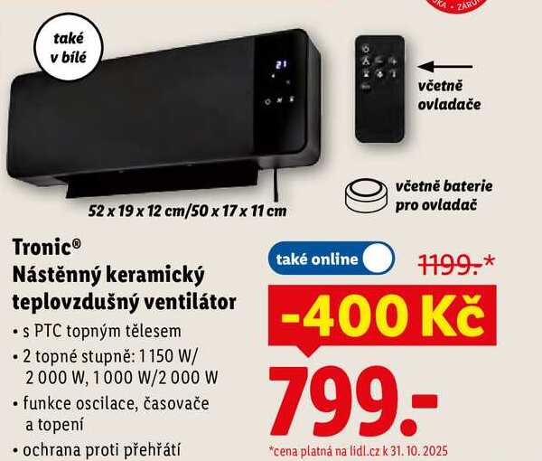 Tronic Nástěnný keramický teplovzdušný ventilátor 