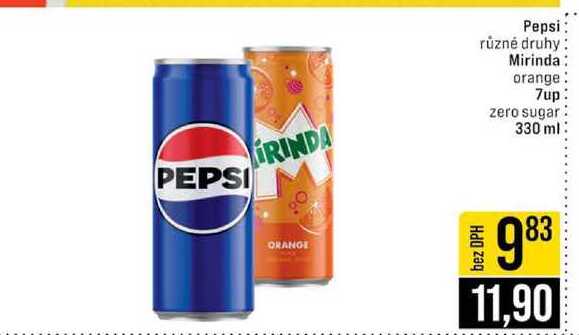 Pepsi: různé druhy Mirinda orange 7up zero sugar 330 ml 