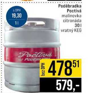Poděbradka Poctivá malinovka citronáda 30l vratný KEG