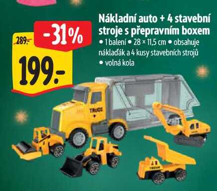 Nákladní auto + 4 stavební stroje s přepravním boxem  