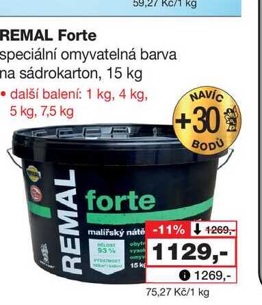 REMAL Forte speciální omyvatelná barva na sádrokarton, 15 kg