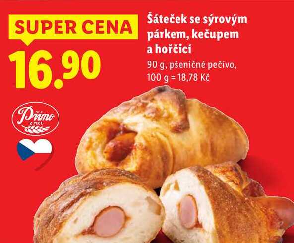 Šáteček se sýrovým párkem, kečupem a hořčicí, 90 g