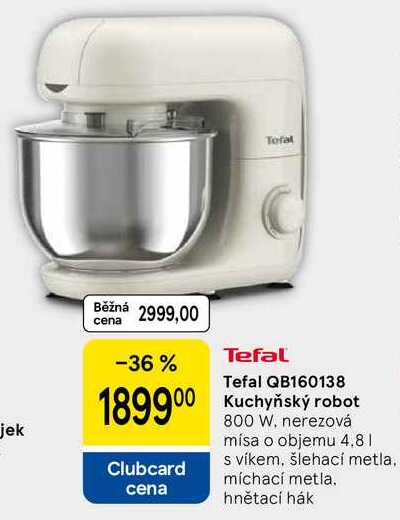Tefal QB160138 Kuchyňský robot, 800 W. nerezová mísa o objemu 4.8 l, s víkem, šlehací metla. míchací metla. hnětací hák