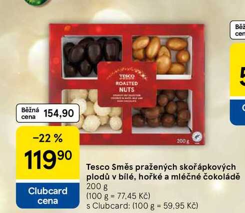 Tesco Směs pražených skořápkových plodů v bílé, hořké a mléčné čokoládě, 200 g