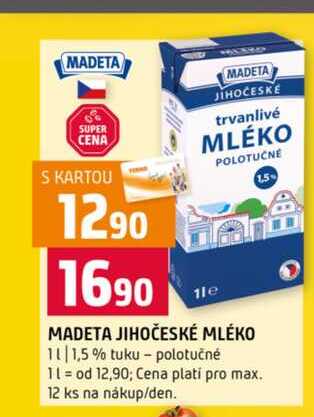 Madeta Jihočeské mléko 1,5% 1l