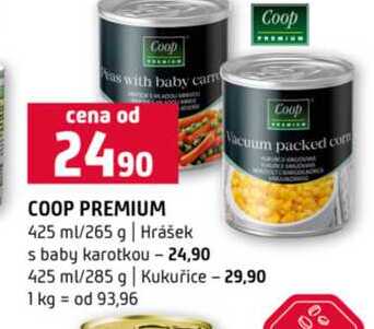 COOP PREMIUM 425 ml/265 g Hrášek s baby karotkou 425 ml/285 g Kukuřice