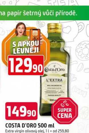 COSTA D'ORO 500 ml Extra virgin olivový olej, 1l