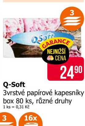 Q-Soft 3vrstvé papírové kapesníky box 80 ks, různé druhy