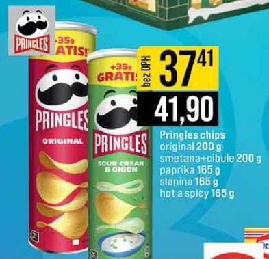 Pringles chips original 200 g smetana+cibule 200 g paprika 165 g slanina 165 g hot a spicy 165 g