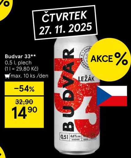 Budvar 33, 0.5 l, plech