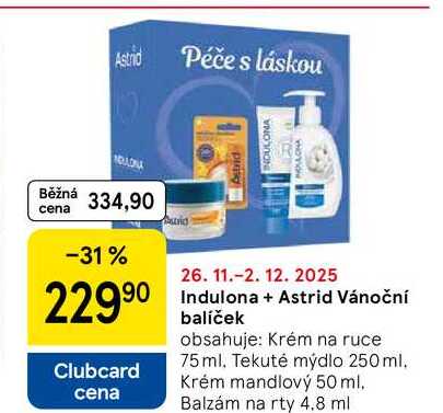 Indulona + Astrid Vánoční balíček obsahuje: Krém na ruce 75 ml. Tekuté mýdlo 250 ml. Krém mandlový 50 ml. Balzám na rty 4.8 ml 
