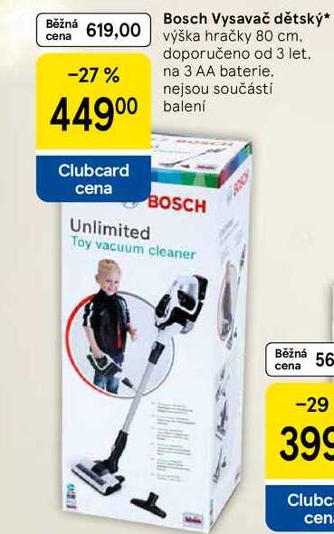 Bosch Vysavač dětský, výška hračky 80 cm. doporučeno od 3 let, na 3 AA, baterie nejsou součástí balení