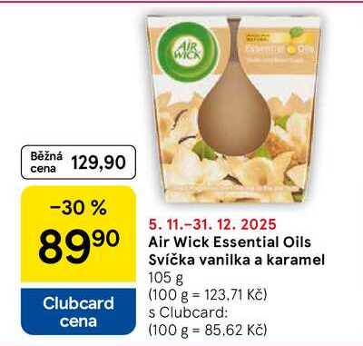 Air Wick Essential Oils Svíčka vanilka a karamel, 105 g