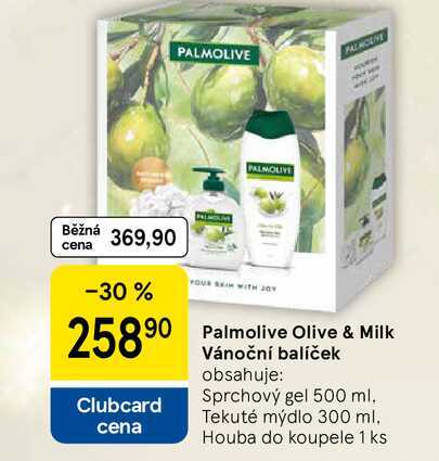 Palmolive Olive & Milk Vánoční balíček obsahuje: Sprchový gel 500 ml. Tekuté mýdlo 300 ml. Houba do koupele 1 ks 
