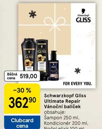 Schwarzkopf Gliss Ultimate Repair Vánoční balíček obsahuje: Šampon 250 ml, Kondicionér 200 ml. Nočni elixir 100 ml