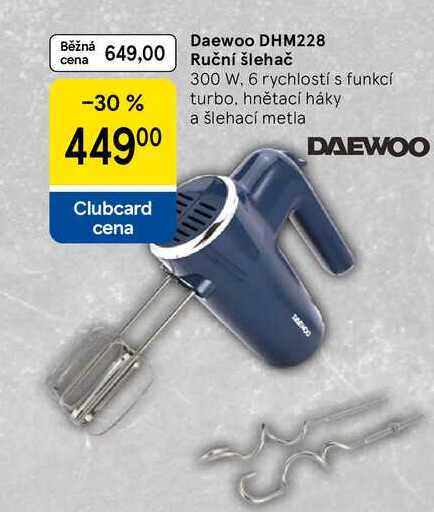 Daewoo DHM228 Ruční šlehač, 300 W. 6 rychlostí s funkcí turbo, hnětací háky a šlehací metla 