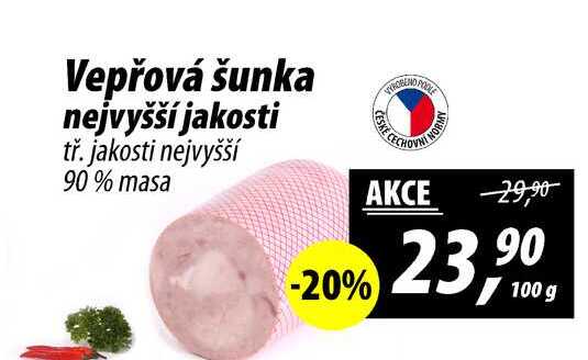Vepřová šunka nejvyšší jakosti tř. jakosti nejvyšší 90% masa, 100 g
