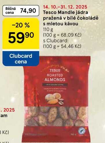 Tesco Mandle jádra pražená v bílé čokoládě s mletou kávou, 110 g  