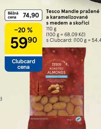 Tesco Mandle pražené a karamelizované s medem a skořicí, 110 g 