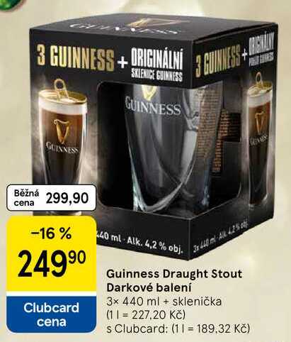 Guinness Draught Stout Darkové balení, 3x 440 ml + sklenička 