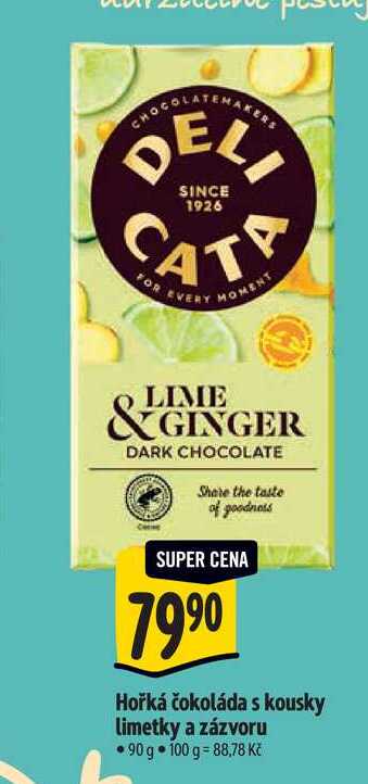  Hořká čokoláda s kousky limetky a zázvoru  90 g 
