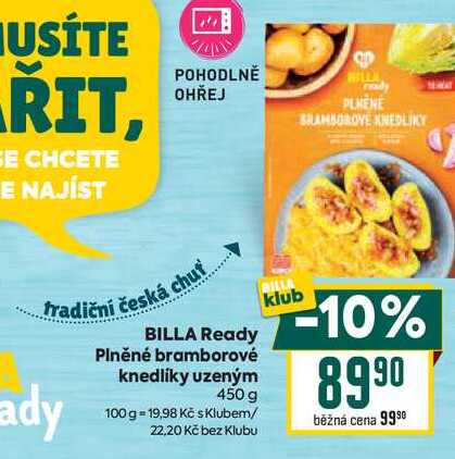BILLA Ready Plněné bramborové knedlíky uzeným 450 g 