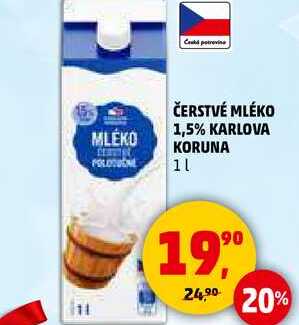 ČERSTVÉ MLÉKO 1,5% KARLOVA KORUNA, 1 l