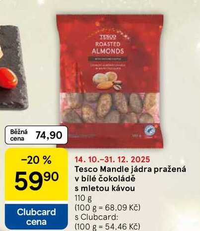 Tesco Mandle jádra pražená v bílé čokoládě s mletou kávou, 110 g