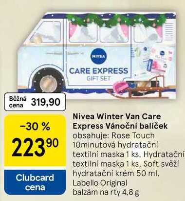 Nivea Winter Van Care Express Vánoční balíček obsahuje: Rose Touch 10minutová hydratační textilní maska 1 ks. Hydratační textilní maska 1 ks, Soft svěží hydratační krém 50 ml, Labello Original balzám na rty 4.8 g 