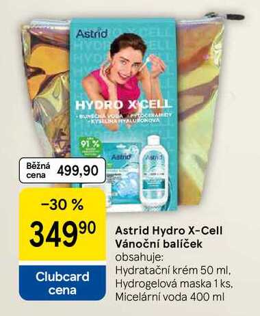 Astrid Hydro X-Cell Vánoční balíček obsahuje: Hydratační krém 50 ml. Hydrogelová maska 1 ks, Micelární voda 400 ml 