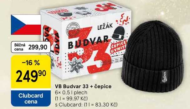 VB Budvar 33 + čepice, 6× 0,5 l, plech  