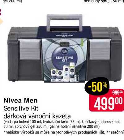 Nivea Men Sensitive Kit dárková vánoční kazeta (voda po holení 100 ml, hydratační krém 75 ml, kuličkový antiperspirant 50 ml, sprchový gel 250 ml, gel na holení Sensitive 200 ml) 