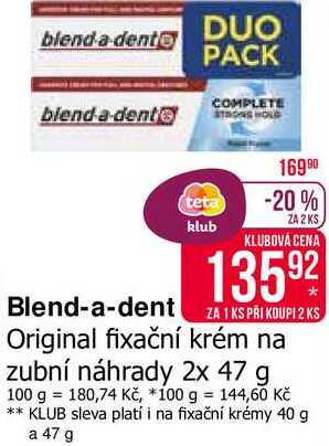 Blend-a-dent Original fixační krém na zubní náhrady 2x 47 g