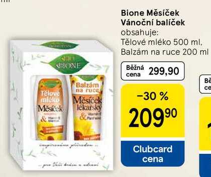 Bione Měsíček Vánoční balíček obsahuje: Tělové mléko 500 ml. Balzám na ruce 200 ml