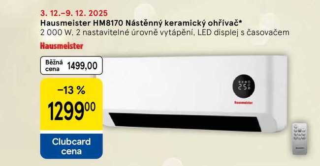 Hausmeister HM8170 Nástěnný keramický ohřívač, 2000 W, 2 nastavitelné úrovně vytápění, LED displej s časovačem  