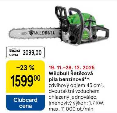 Wildbull Řetězová pila benzínová, zdvihový objem 45 cm³. dvoutaktní vzduchem chlazený jednoválec, jmenovitý výkon: 1.7 kW. max. 11 000 ot/min 