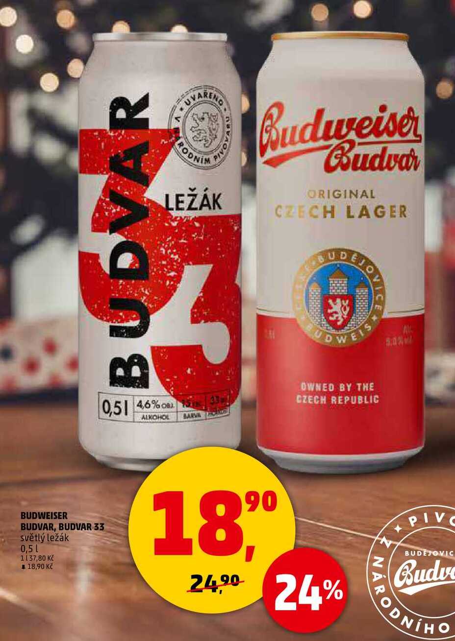 BUDVAR 33 světlý ležák, 0,5 l